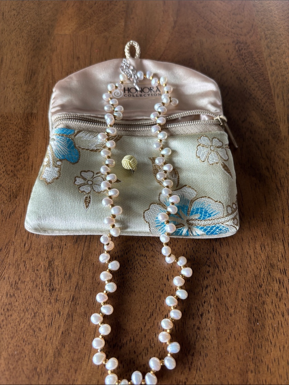 Honora White Pearl Station Necklace with Floral Silk Pouch